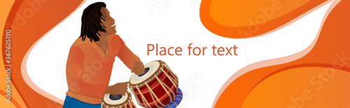 Banner Music Festival Dance Party, flyer, magazine cover, poster template. Vector illustration of an african american male dancer and drum instrument Tambla on an orange background.