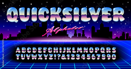 A 1980s Style Retro Alphabet with the Effect of Molten Metal Chrome Reflections. Quicksilver Font Has the Shiny 3d Effect of Blobs of Mercury.