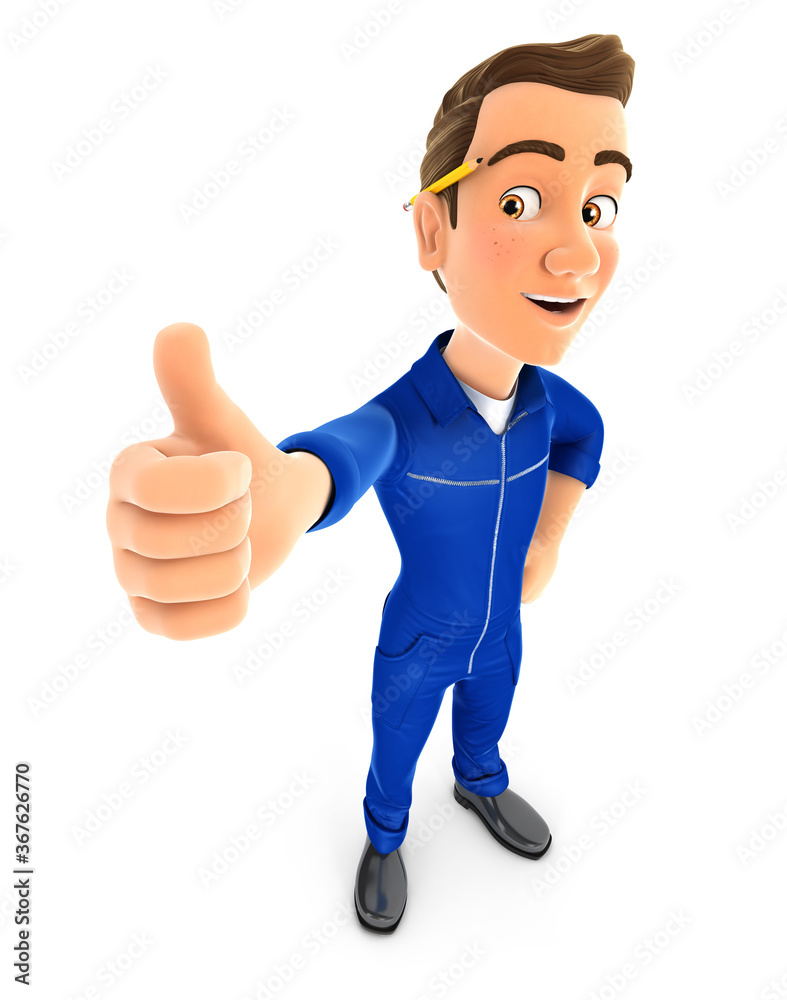 3d mechanic standing with thumb up