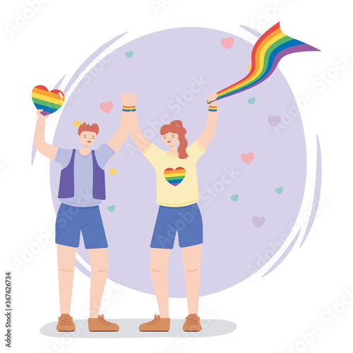 LGBTQ community, happy man and woman with rainbow flags, gay parade sexual discrimination protest