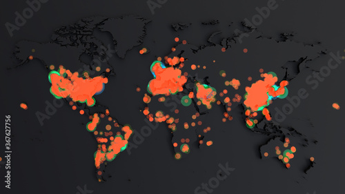 Coronavirus Global pandemic. Animation of Map of coronavirus spreading from Wuhan. World map with animation of spread of infection of a virus. 