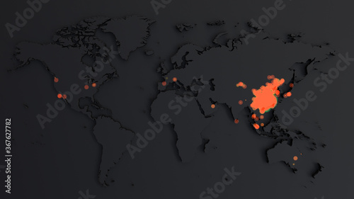 Coronavirus Global pandemic. Animation of Map of coronavirus spreading from Wuhan. World map with animation of spread of infection of a virus. 