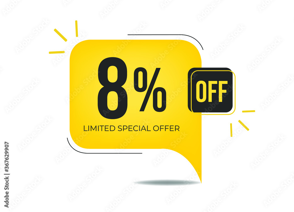 8% off limited special offer. Banner with eight percent discount on a yellow square balloon. 8% off limited special offer. Banner with eight percent discount on a yellow square balloon.
