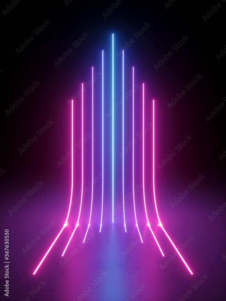 3d render, abstract vertical neon lines glowing in the dark. Laser rays ...