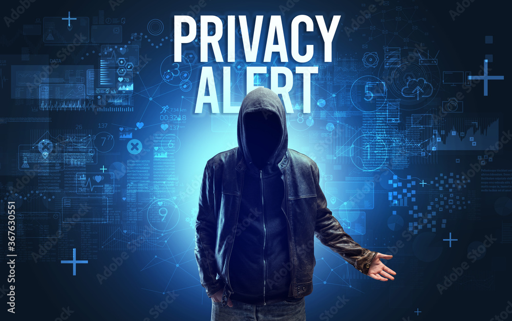 Faceless man with PRIVACY ALERT inscription, online security concept Faceless man with PRIVACY ALERT inscription, online security concept