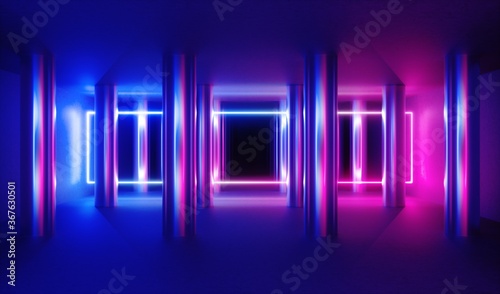 3d render, abstract background, empty indoor interior illuminated with blue pink neon light. Glowing frame between metallic columns.