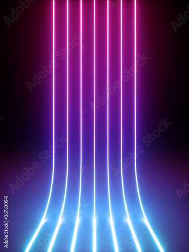 Fototapeta Naklejka Na Ścianę i Meble -  3d render, abstract vertical neon lines glowing in the dark. Laser rays virtual performance on the stage with floor reflection. Minimal geometric design.