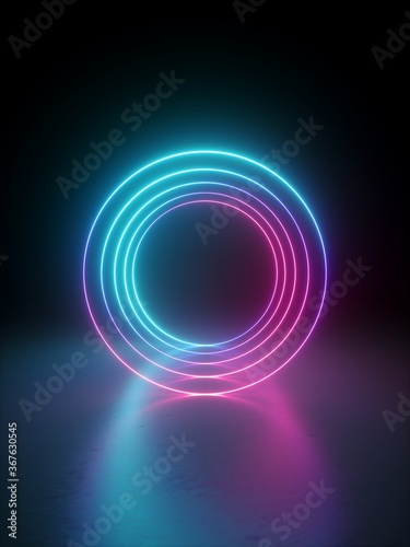 3d render, abstract round blank frame with copy space isolated on black background. Neon light glowing lines.