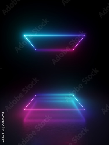 Fototapeta Naklejka Na Ścianę i Meble -  3d render, abstract minimal geometric background. Glowing neon lines. Stage laser show illumination. Blank rectangular shapes, square frames, virtual reality with copy space