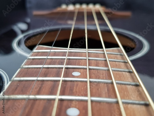 Close up of an acoustic guitar.