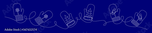 Winter banner with three pairs of mittens drawn in one continuous line on a blue background, Christmas concept with editable stroke

