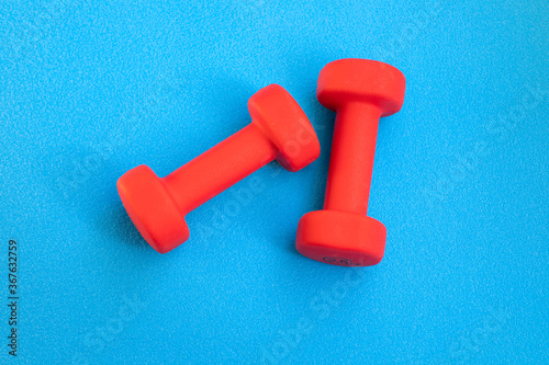 Red dumbbell weights on the blue background