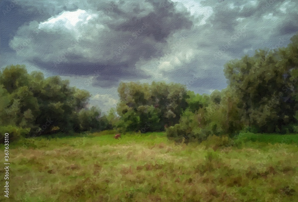 Oil paintings landscape, green field and blue sky. Fine art.