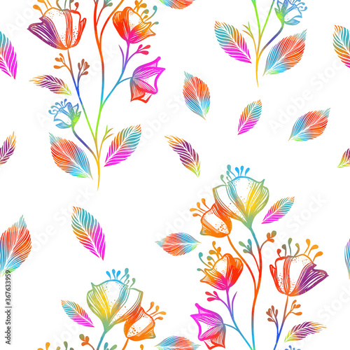 A seamless background with colorful flowers. Mixed media. Vector illustration