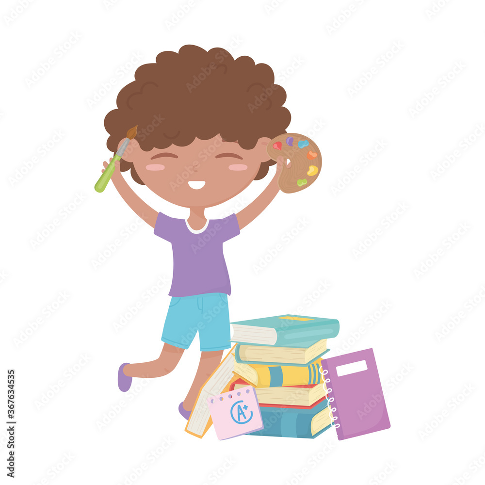 back to school, student boy with palette color brush and books education cartoon back to school, student boy with palette color brush and books education cartoon