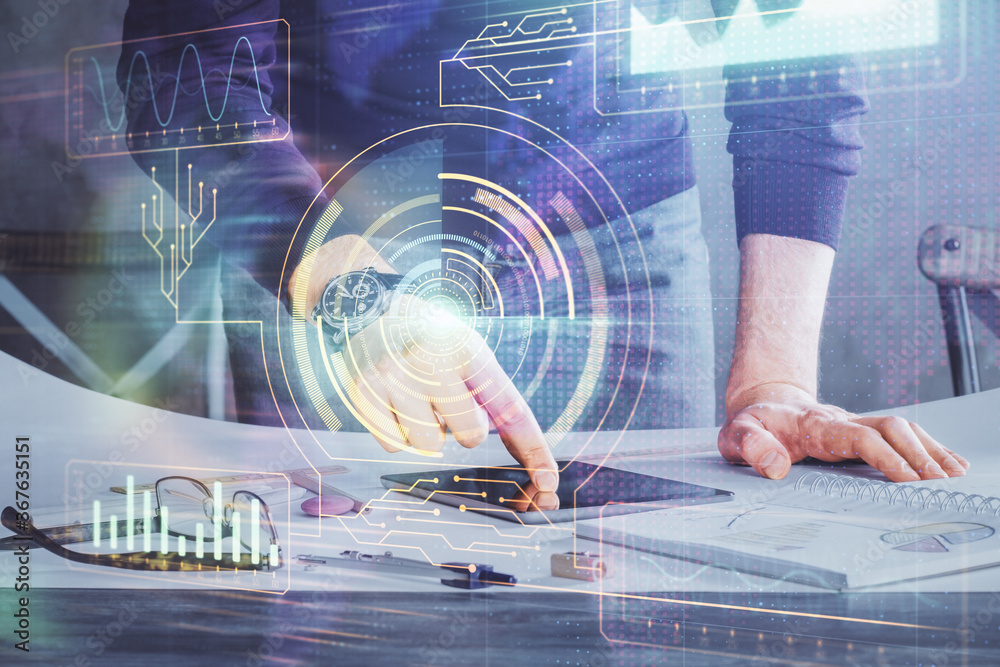 Double exposure of man's hand holding and using a digital device and data theme drawing. Technology concept. Double exposure of man's hand holding and using a digital device and data theme drawing. Technology concept.