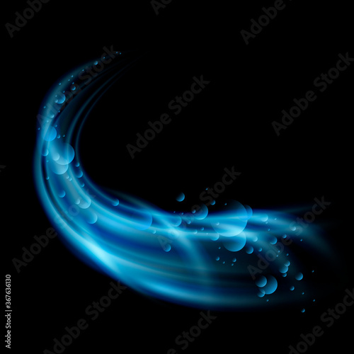 Dynamic flow of blue light. Abstract motion effect with blurred rays and bubbles. Vector element for advertising and packaging design of detergent, soap or shampoo