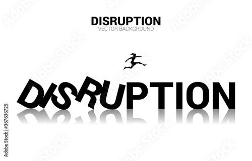 Silhouette of businesswoman jump away from collapse domino. business concept of business disruption and domino effect