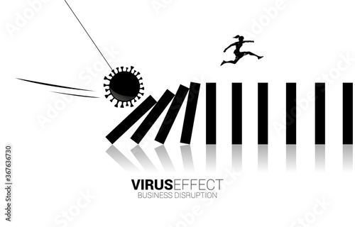 Silhouette of businesswoman jumping away on collapse domino from corona virus effect. business concept of business disruption and domino effect from pandemic.