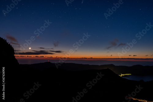 Night landscape view over the Lagoon of - Sete Cidades - with the ocean as background in the island of São Miguel in The Azores