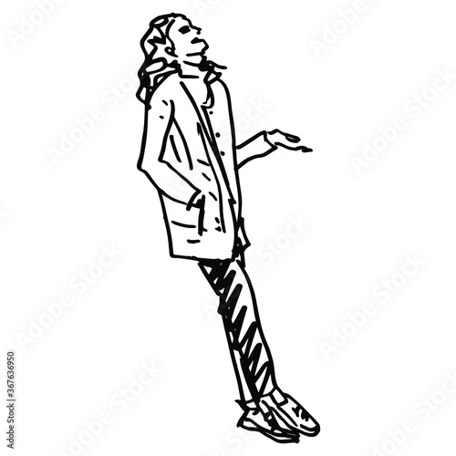 Standing young woman with raised arm. Head thrown back laughing. Hand drawn linear doodle sketch. Black and white silhouette.