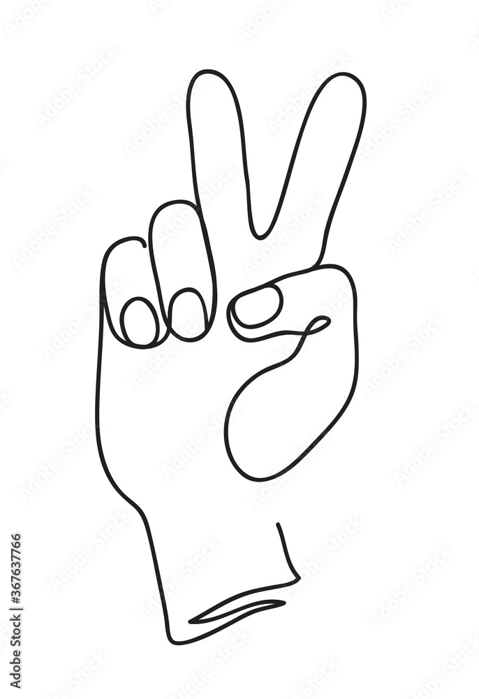 Victory and peace symbol. Hand gesture V sign in line art style vector continuous line drawing illustration. Victory and peace symbol. Hand gesture V sign in line art style vector continuous line drawing illustration.