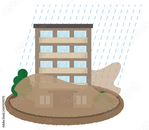 浸水の被害に遭うマンションのベクターイラスト