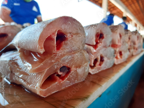 Postas de peixe fresco recém pescado dispostas para venda no mercado do peixe em Belém do Pará, norte do Brasil, na Amazônia brasileira