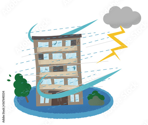 雷雨の被害に遭うマンションのベクターイラスト