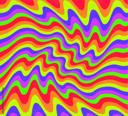 1960s Hippie Wallpaper Design. Trippy  Glitchy Background for Psychedelic 60s-70s Parties with Bright Acid Rainbow Colors and Groovy Geometric Wavy Pattern.