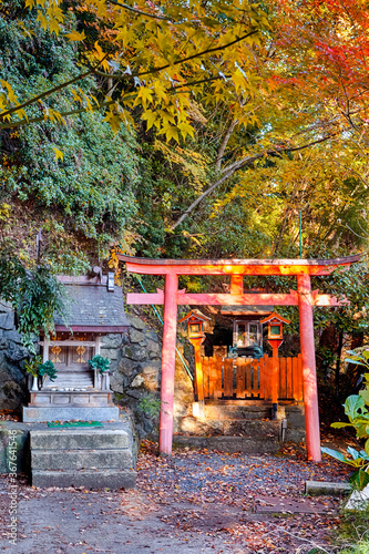 Japan Travel Destnations. Traditional Red Torii Gates with Wooden Shrine at Koyasan Mountain in Japan in Fall. © danmorgan12
