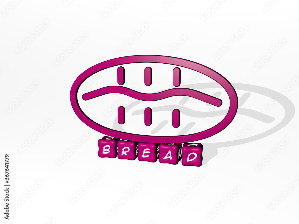 3D illustration of BREAD graphics and text made by metallic dice letters for the related meanings of the concept and presentations. background and food 3D illustration of BREAD graphics and text made by metallic dice letters for the related meanings of the concept and presentations. background and food