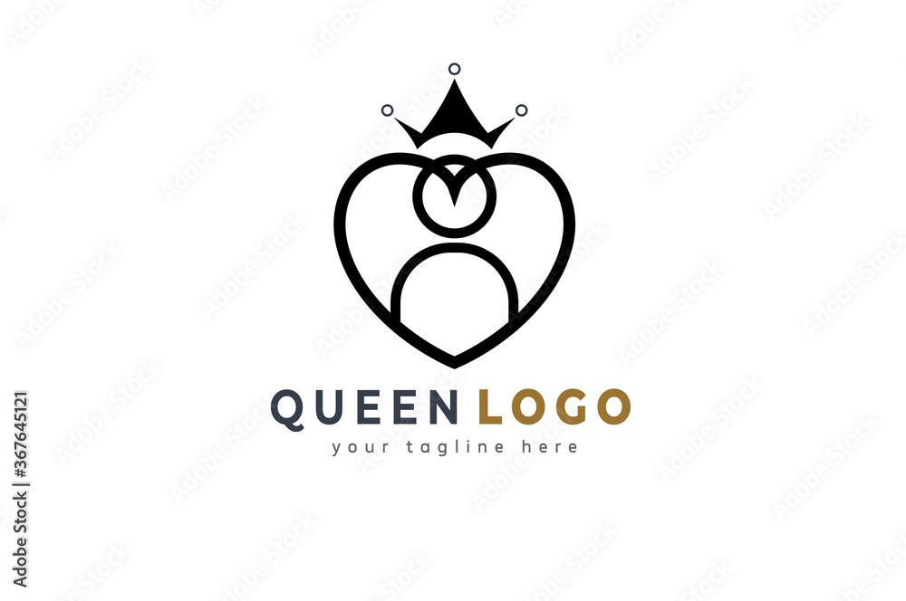 Queen logo inpiration, heart and women with crown, for beauty, fashion, feminim logo design template, vector illustration