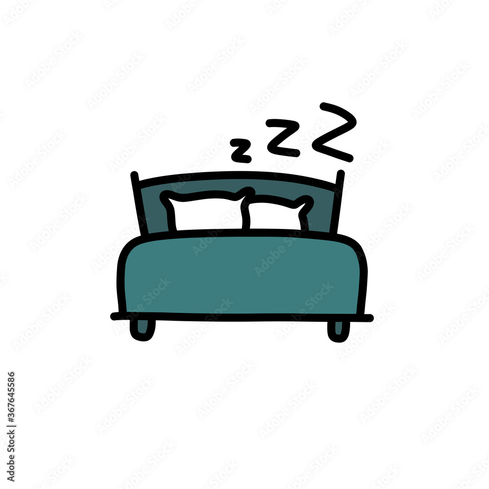 bed doodle icon, vector color line illustration