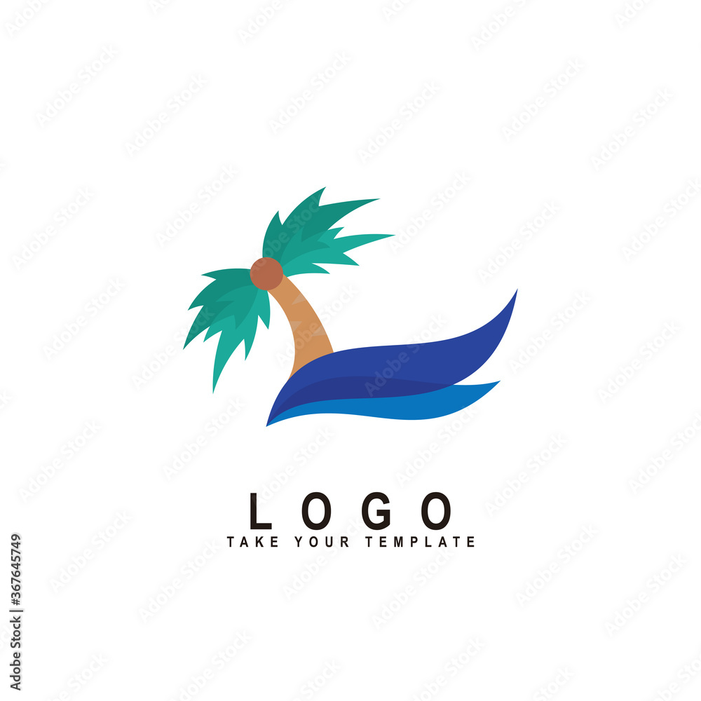 beach logo, coconut tree and wave design template beach logo, coconut tree and wave design template