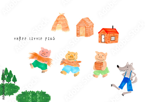 かわいい ほっこり イラスト素材 手描き 手書き イラスト ３匹の子ぶた 三匹の子豚 子豚 白背景 コピースペース ほのぼの ほんわか 物語 狼 イラスト素材 こぶた おおかみ わら 木 レンガ 家 挿絵 絵本 童話 グラフィック素材 Stock Illustration Adobe Stock