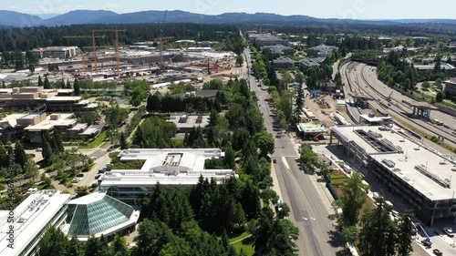 Aerial drone footage, dolly shot of construction in Redmond, Washington around the Microsoft corporate headquarters photo