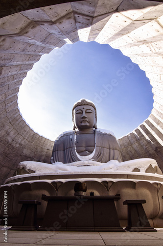 Buda en la colina, dentro de un templo en el cementerio Makomanai Takino, Japón