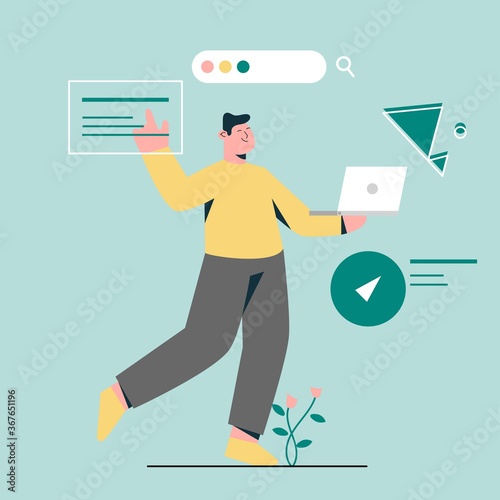 man searching information in search engine concept. Image, search engine, video, article, result, laptop, search bar.