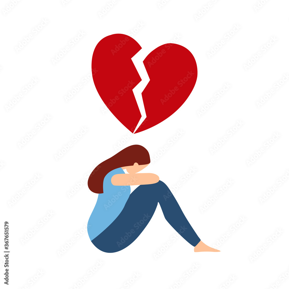 Broken heart concept vector illustration on white background. Sad woman crying with red broken heart pieces. Broken heart concept vector illustration on white background. Sad woman crying with red broken heart pieces.