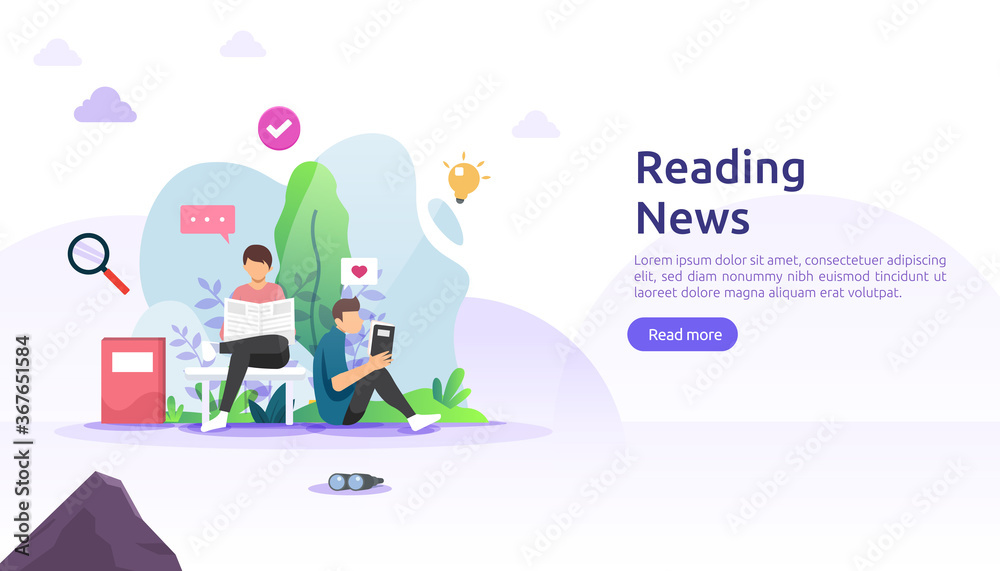 reading newspapers and online news article media on smartphone concept with people character. flat illustration template for web landing page, banner, presentation, social, poster, ad or print media