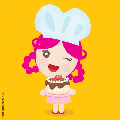 girl chef holding cake