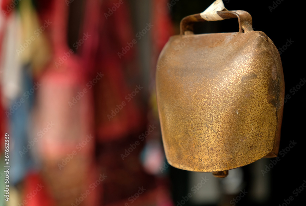 Tin ox or yak bell - symbols and signs of indian (hindu) and buddhist religions and tradition. - obrazy, fototapety, plakaty 
