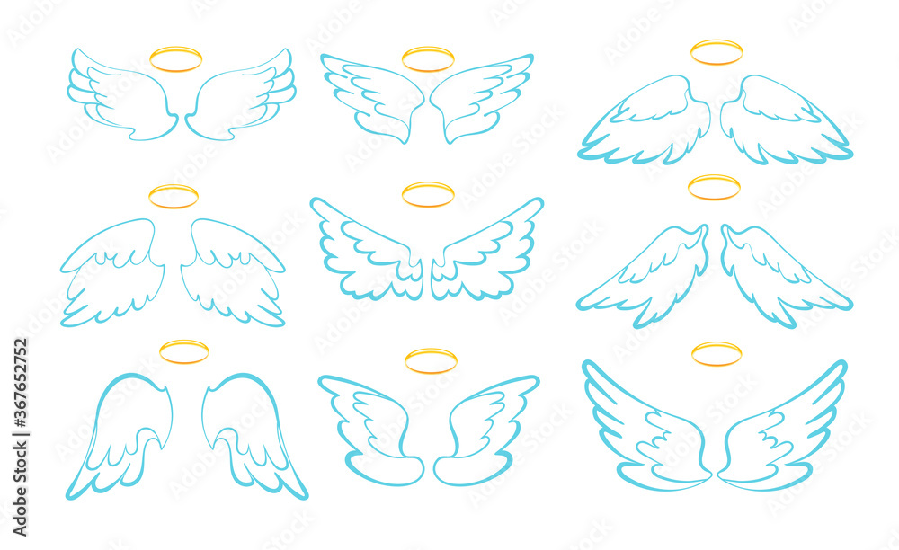 Angel wings with gold nimbus. Cartoon vector icons set isolated on background.