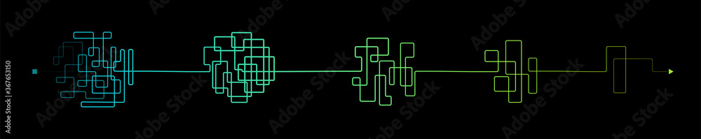 Line of messy clew symbols line of symbols with scribbled round element, consept of transition from complicated to simple, isolated on black background Vector illustration.