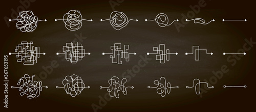 Set of messy clew symbols line of symbols with scribbled round element, consept of transition from the complicated to simple, isolated on a chalkboard background Vector illustration.