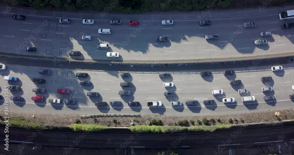 Highway Top down view of cars going in opposite direction slowly in a traffic jam on a evening in san francisco camera move right Highway Top down view of cars going in opposite direction slowly in a traffic jam on a evening in san francisco camera move right