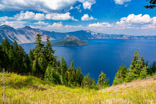 View of Wizard Island in the Sapphire Blue Waters of Crater Lake, Oregon photo