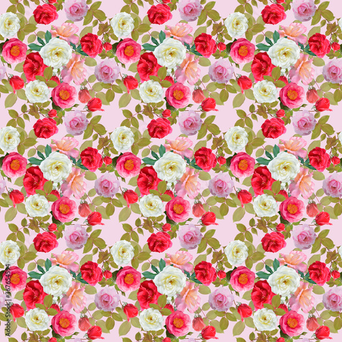 digital painting of seamless pattern with roses and leaves