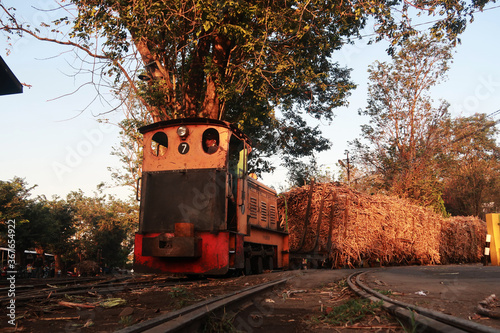 Sugar cane carriage is ready to be taken to Madukismo sugar factory, Yogyakarta. The old yellow locomotive drove slowly pulling the sugar cane train photo